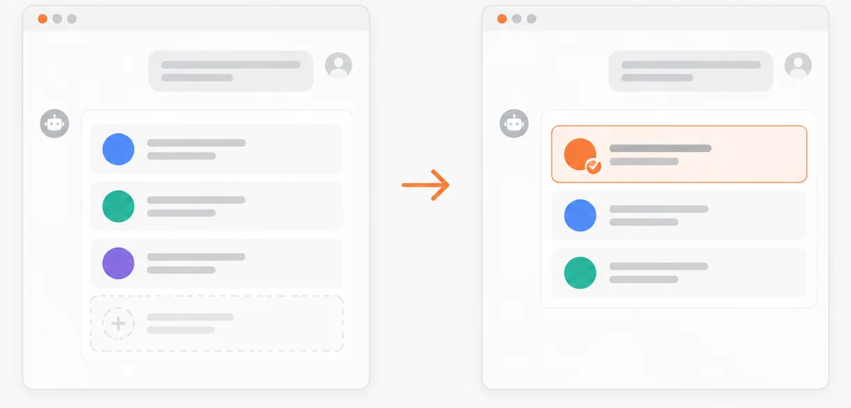 Illustration of two AI chat answers. On the left, the answer lists three competitors and an empty slot where your brand is missing. On the right, your brand is the first, highlighted answer.